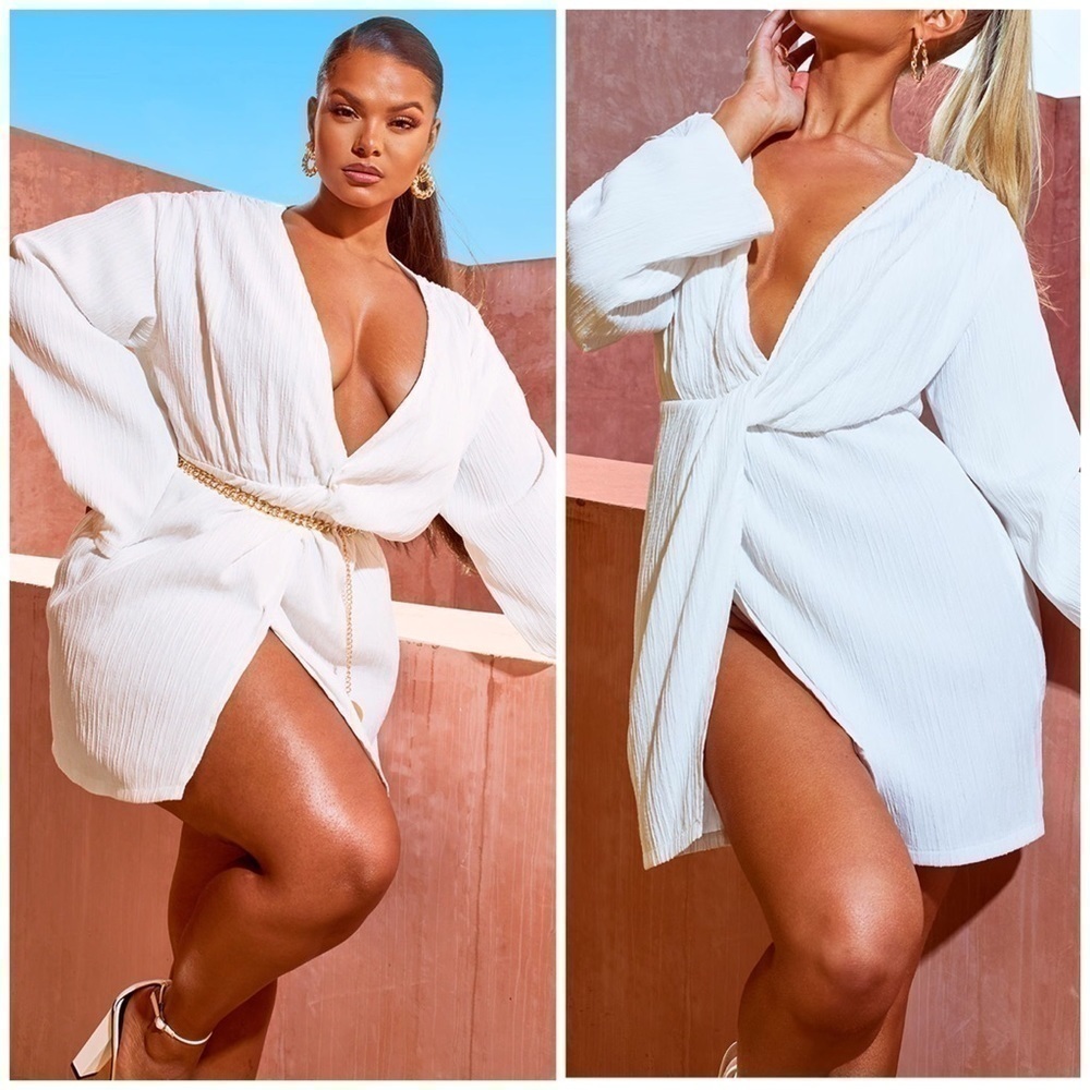 PrettyLittleThing White Drape Detail Plunge Muslin Mini Dress Size 14 XL NWT